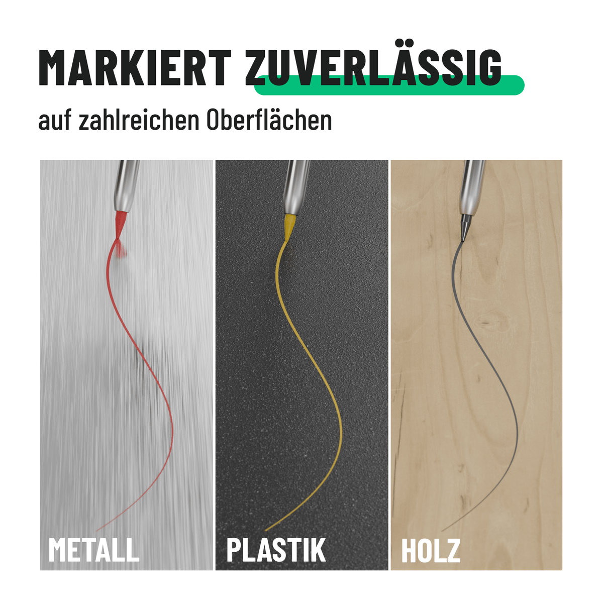 Tiefenlochmarkierer markiert auf Oberflächen wie Metall, Holz und Kunststoff 101207-3