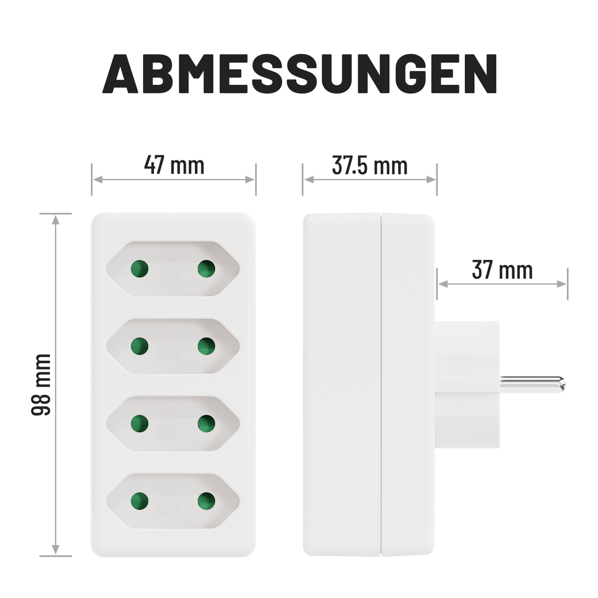 Abmessungen 4fach Euro Adapter 98mm 47mm 37,5mm 37mm 504005-4