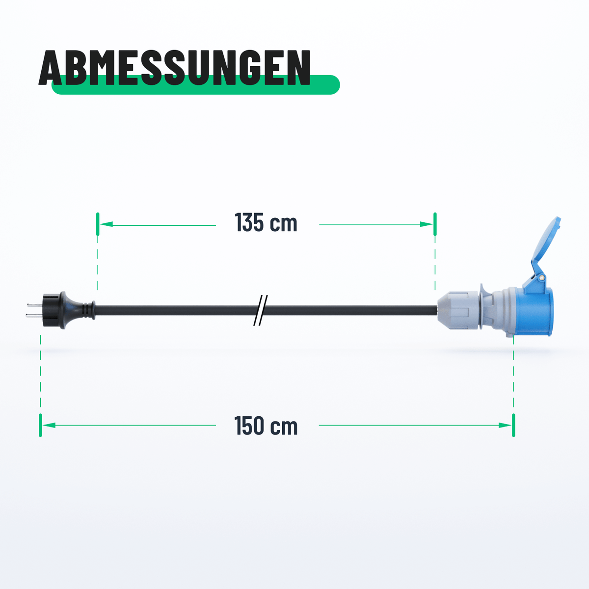 Adapter Schuko Stecker auf CEE Kupplung Abmessungen Adapterkabel 135cm 150cm 911009-5