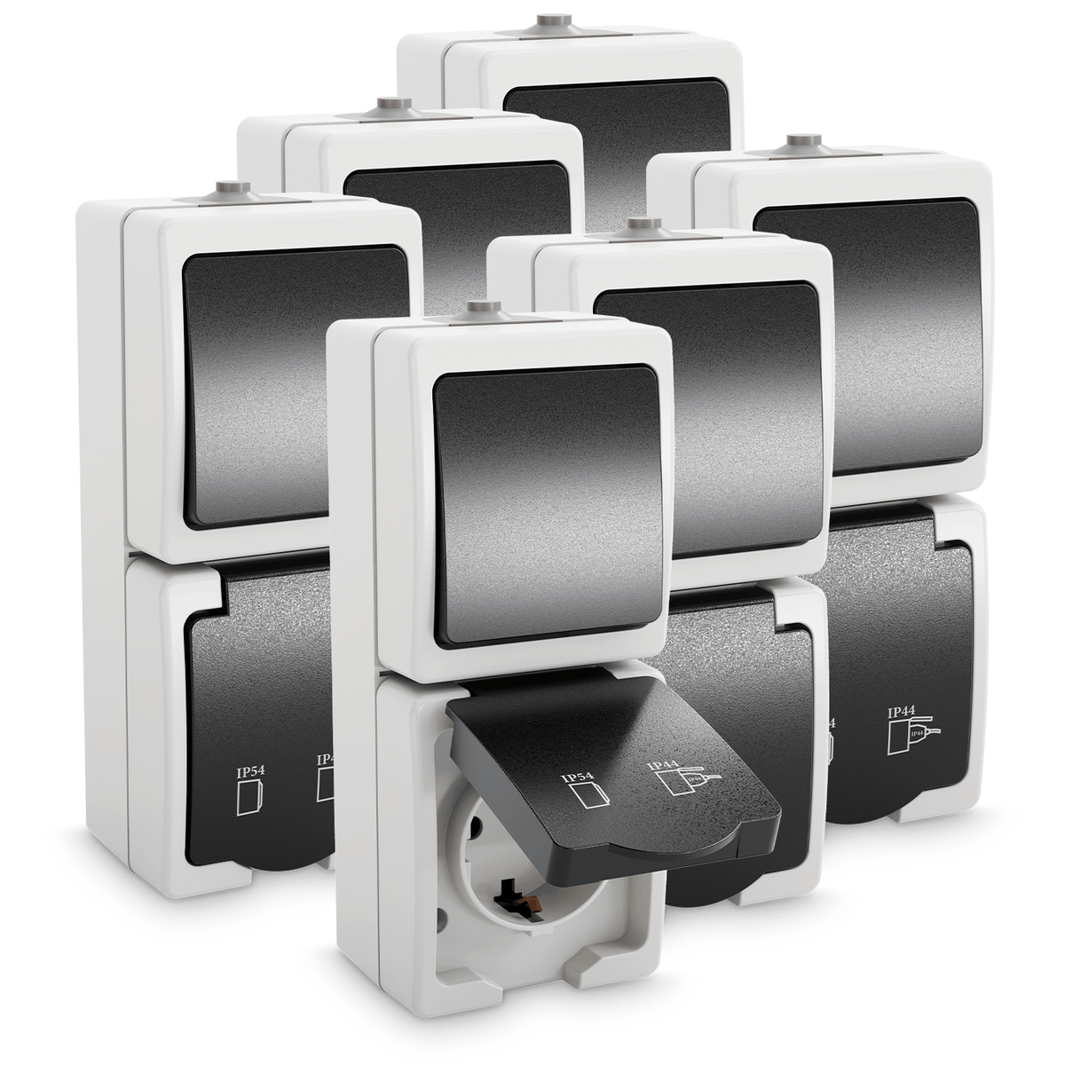 Aufputzschalter und Aufputzsteckdose IP54 501050 Hauptbild 6er Pack