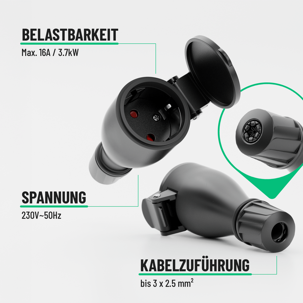 Aussenkupplung Knickschutz Zugentlastung wasserdicht schwarz Belastbarkeit 230V 16A Kabelzuführung 501401-2
