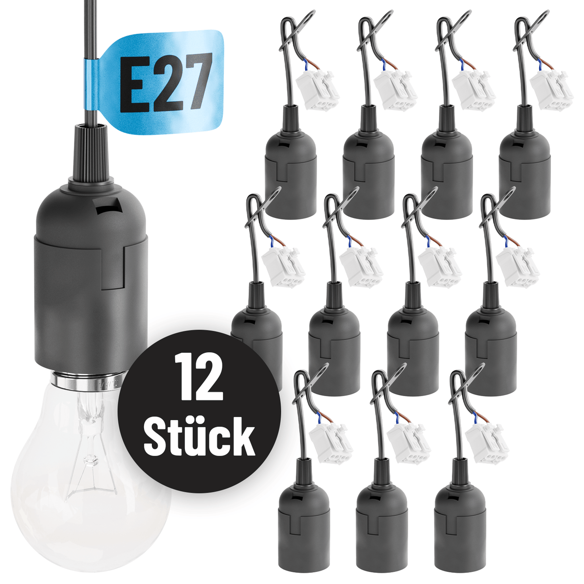 Baustellenfassung E27 Lampenfassung mit Steckverbinder und Glühbirne 505003 Hauptbild-12er Pack