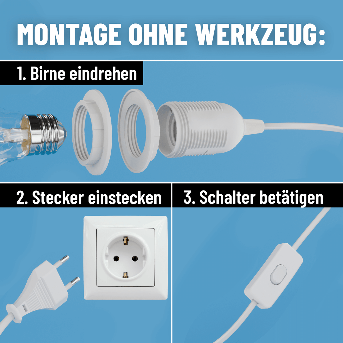 E27 Lampenfassung Lampenkabel Fassung E27 Schalter Montage ohne Werkzeug 505002-3