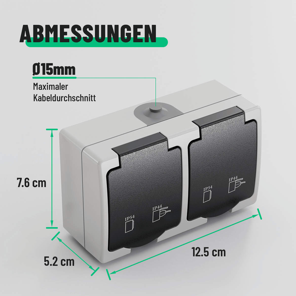 Feuchtraum Steckdose Aufputz mit Klappdeckel Abmessungen 15mm Kabeldurchschnitt 501030-4