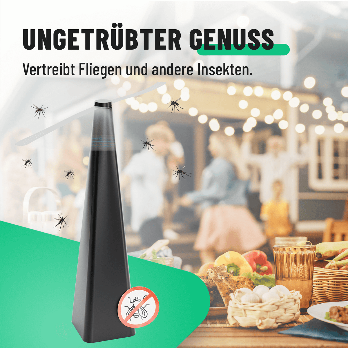 Fliegenwedler vertreibt Fliegen beim Essen 901015-1
