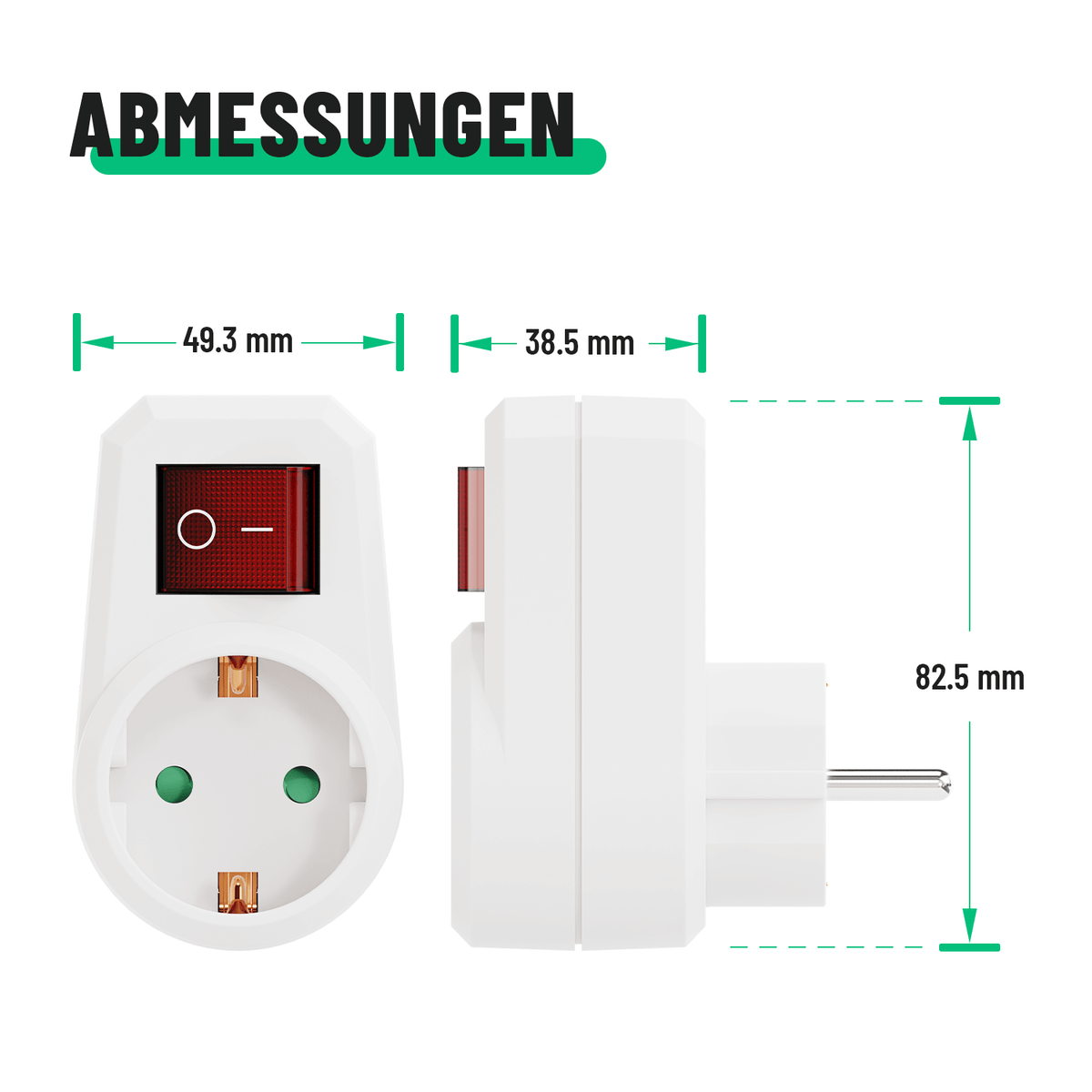 Schuko Adapter mit Schalter Steckdose Ausschalter Abmessungen 82.5mm 504001-5