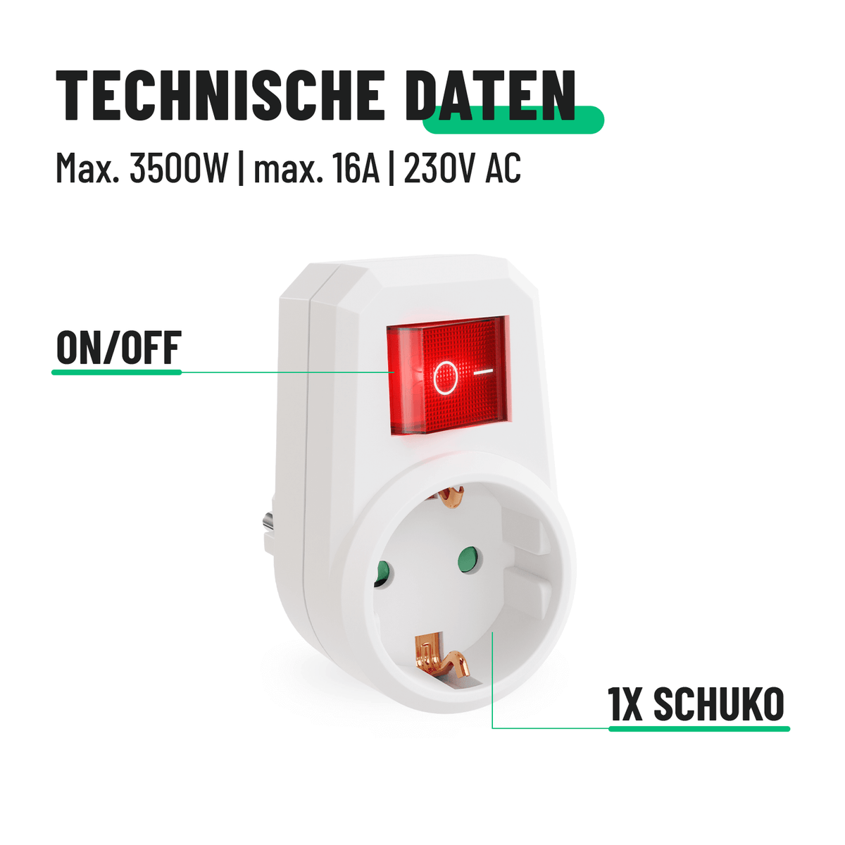 Schuko Adapter mit Schalter Steckdose Ausschalter technische Daten 16A 230V 3500w 504001-4