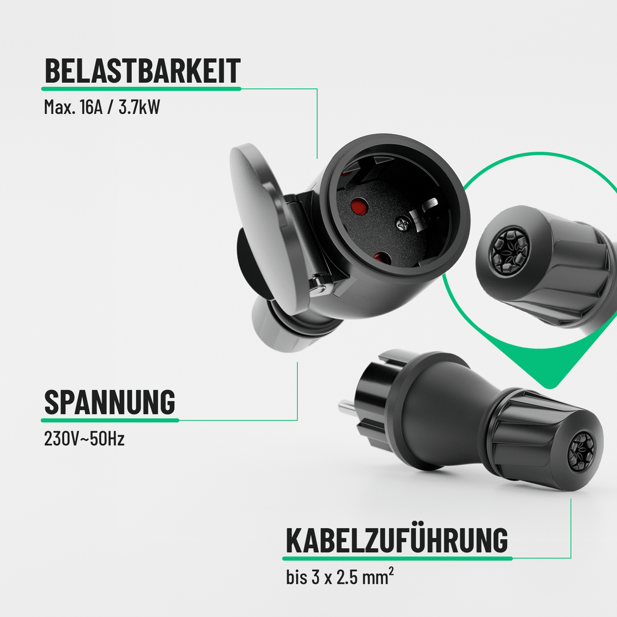 Schuko Kupplung und Stecker Zugentlastung Belastbarkeit Spannung Kabelzuführung 501400_501401-2