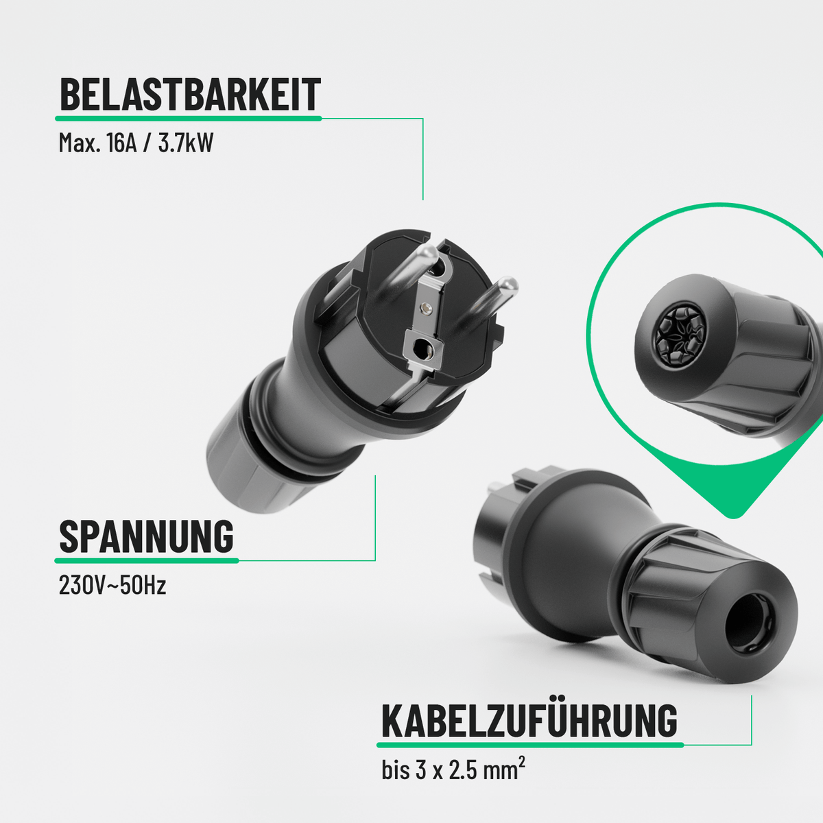 Schuko Stecker schwarz wasserdicht Außenbereich Belastbarkeit Spannung Kabelzuführung 501400-2