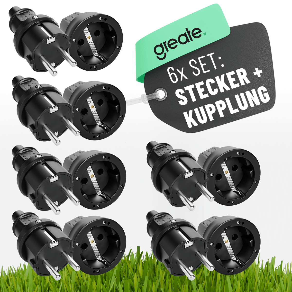 Schuko Stecker und Kupplung 230V 2-polig Schutzkontakt schwarz 503030 503040 hauptbild 6er Pack