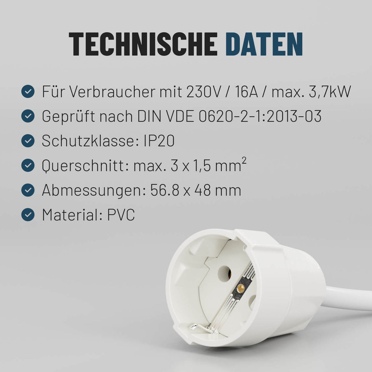 Schutzkontakt Kupplung Schuko Kabel Innenbereich technische Daten IP20 503020-3-4