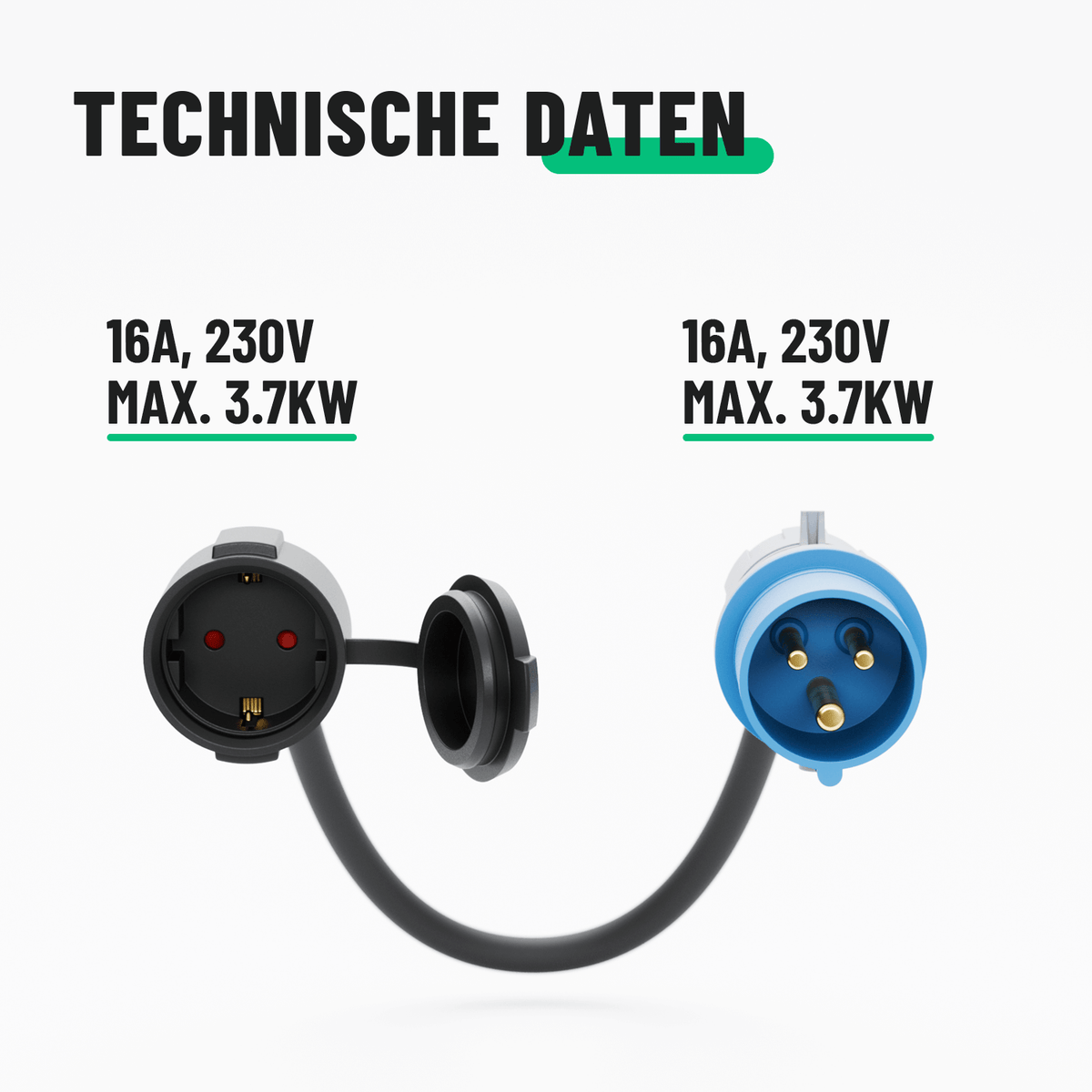 Set Schuko-Stecker auf CEE Camping Adapter Kupplung Campingadapter Kabel Technikdaten 16A 230V 911008_911009-1