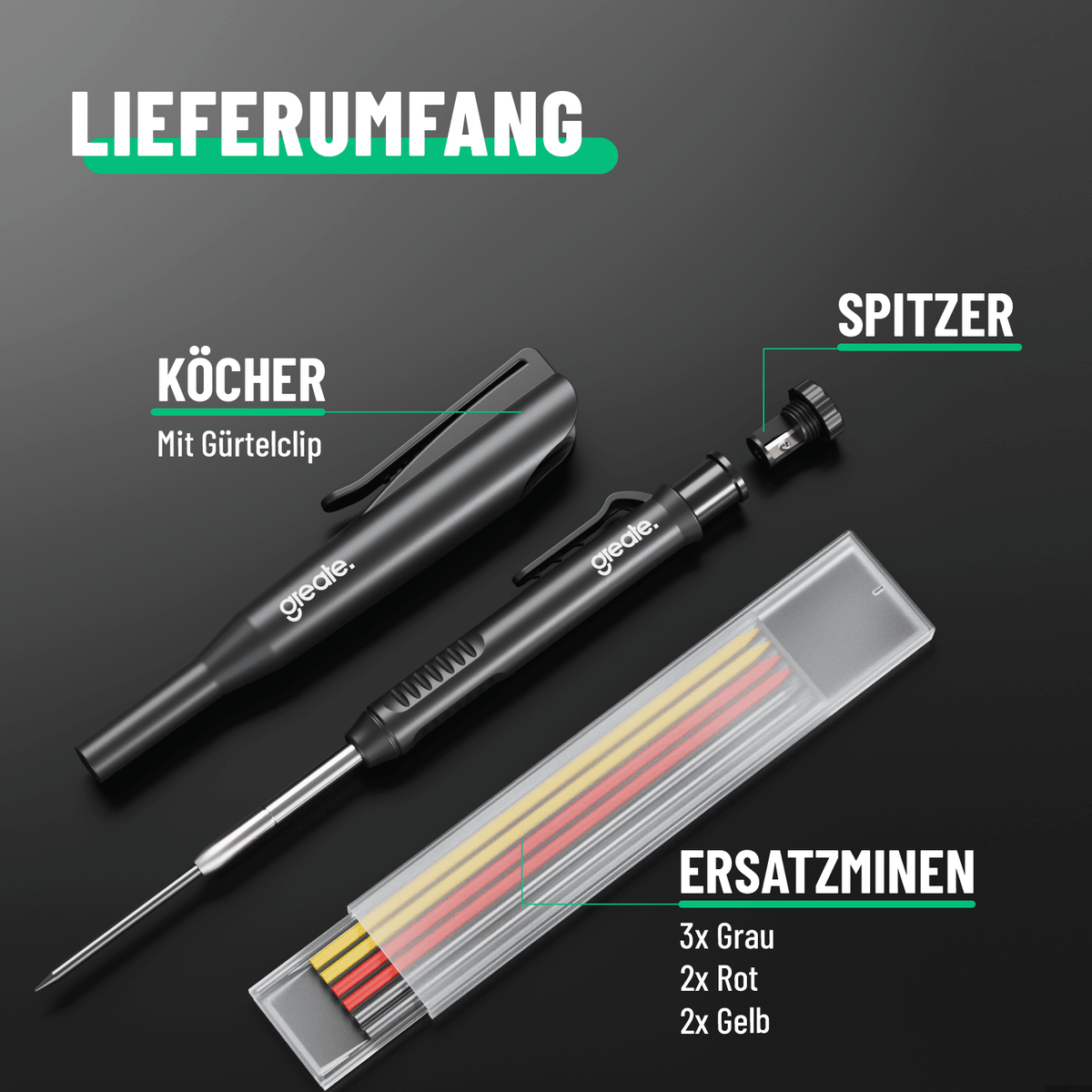 Tiefenlochmarker Lieferumfang inklusive Ersatzminen, Spitzer und Köcher 101207-2