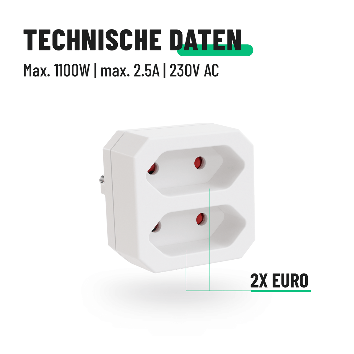 Zweifach Steckdosenadapter Doppelstecker Eurostecker technische Daten 2x Euro 1100w 2,5A 230V 504002-4